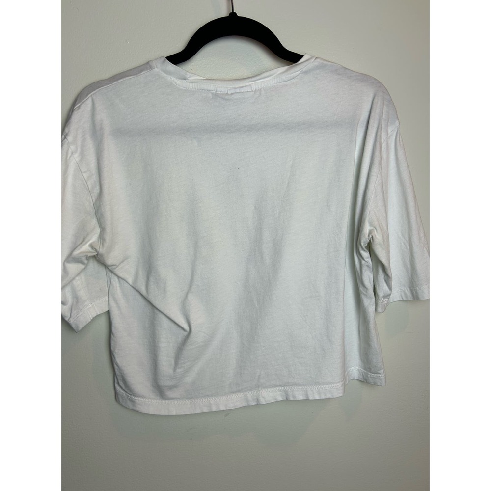Adidas Cropped White Logo Athletic Tee Size Small Boxy Workout - Picture 4 of 7